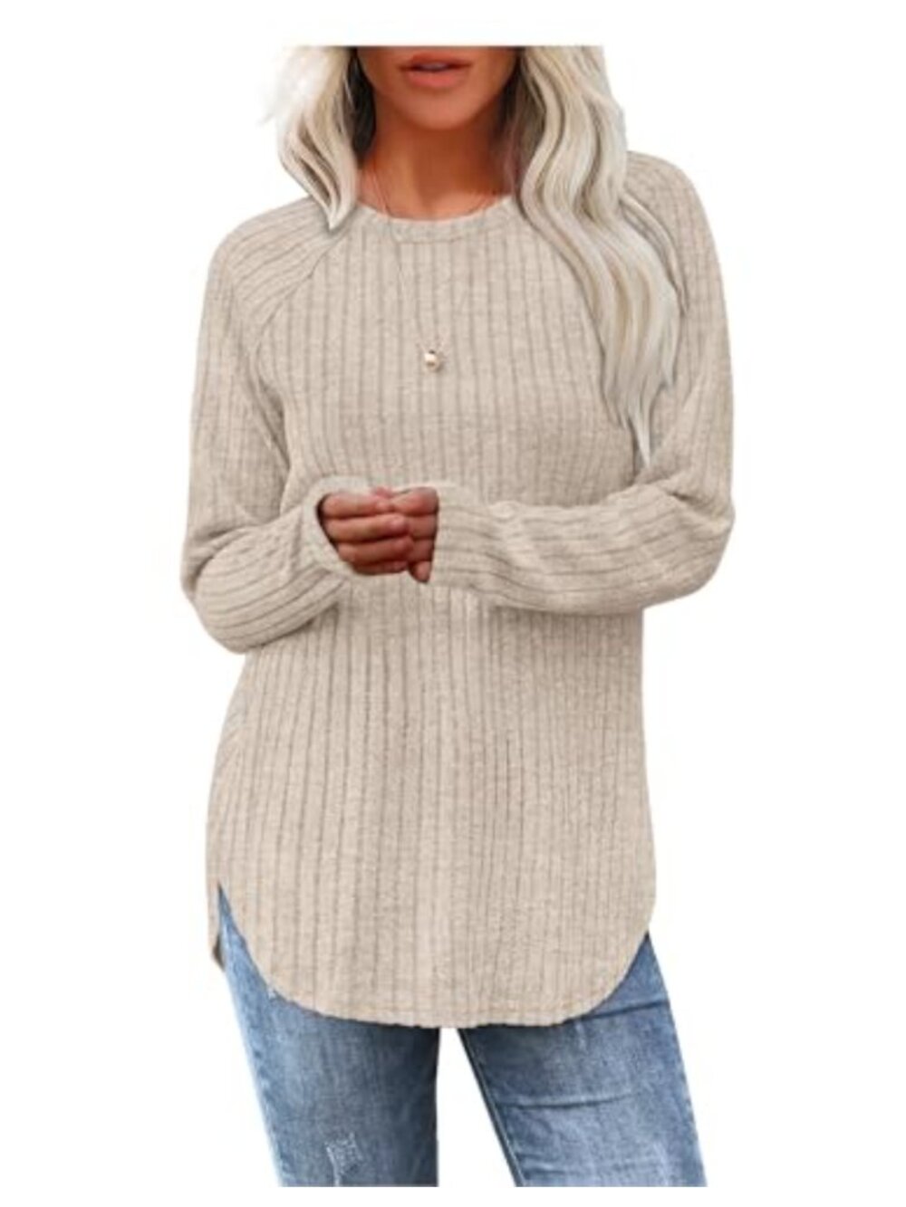 Long Sleeve Tunic Top Round Neck Curved Hem Pullover